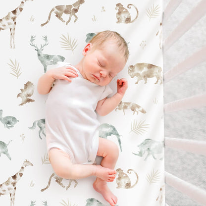 Stretchy Ultra Soft Jersey Knit Pack n Play Sheets Set 3 Pack, Portable/Mini Crib Sheets for Girls and Boys, Universal Fit for Pack N Plays Safe and Snug, Stylish African Savannah Animals Pattern