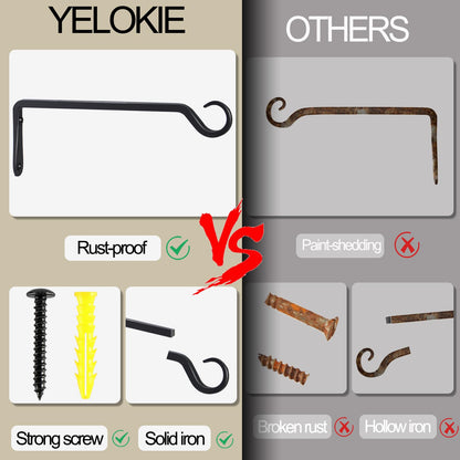 AILIN YELOKIE 2 Pack Premium Forged Wall Hook, Sturdy Hanging Plant Bracket, Elegant Hook for Bird Feeders, Planters, Lanterns, Wind Chimes Indoor Outdoor, Upgrade Black, 12 Inch