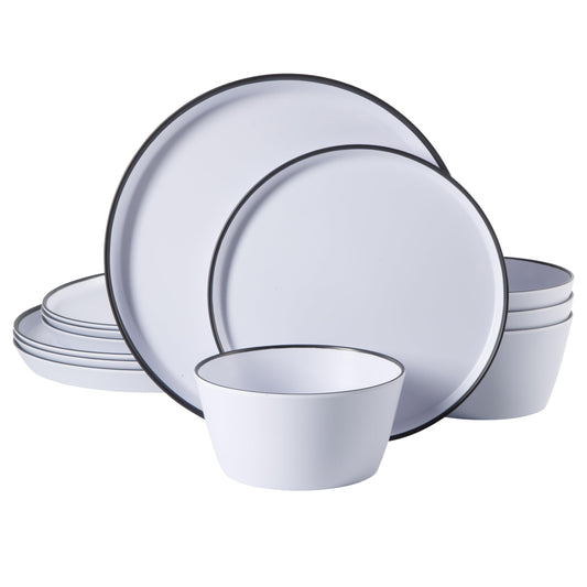 Gibson Home Folsom Shores 12 Piece Unbreakable Modern Melamine Plates and Bowls Dinnerware Set - Outdoor, Camping, & Everyday Use - White W/Black Rim