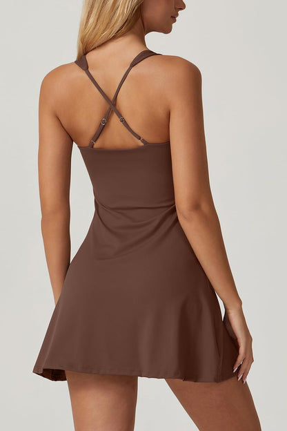 QINSEN Sleeveless Athletic Dress for Women High Waist Square Neck Tennis Dress Built in Shorts Golf Active Dress Chestnut M
