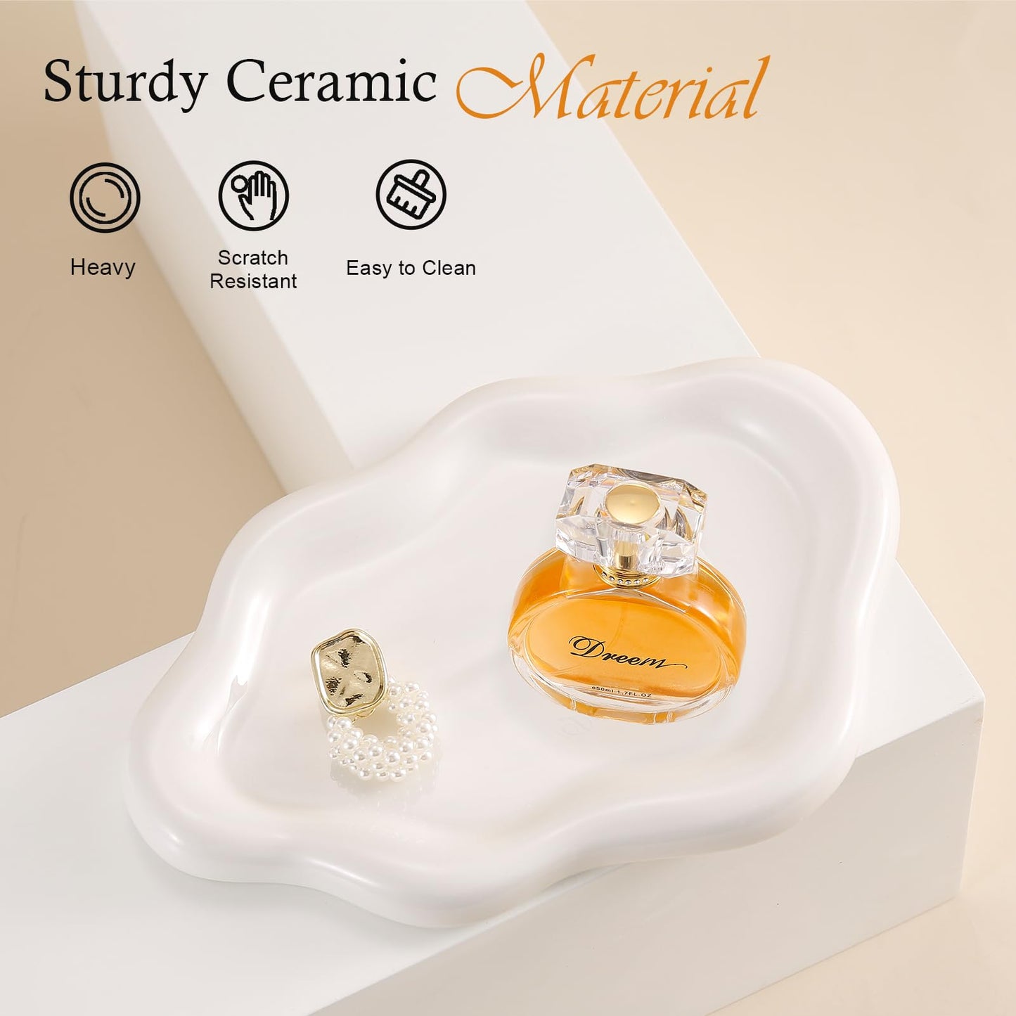 CCINPPY Ceramic Jewelry Tray Trinket Dish, Decorative Cloud Vanity Key Tray for Women, Ring Holder Dish, Cute Jewelry Plate Bowl Room Decor Aesthetic, White, Medium