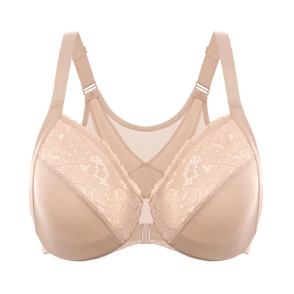 DELIMIRA Women's Front Closure Bras Posture Full Coverage Plus Size Lace Underwire Unlined Bra Beige 40DD