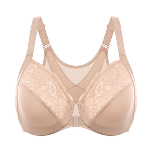 DELIMIRA Women's Front Closure Bras Posture Full Coverage Plus Size Lace Underwire Unlined Bra Beige 40DD