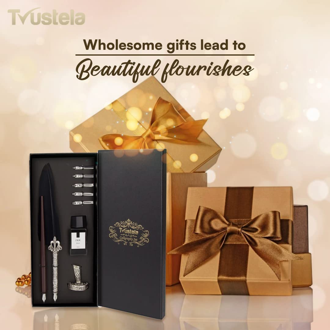 Trustela Calligraphy Set for Beginners, Wooden Dip Pen, Feather Quill, 19 Nibs, Ink Set, Gift Box