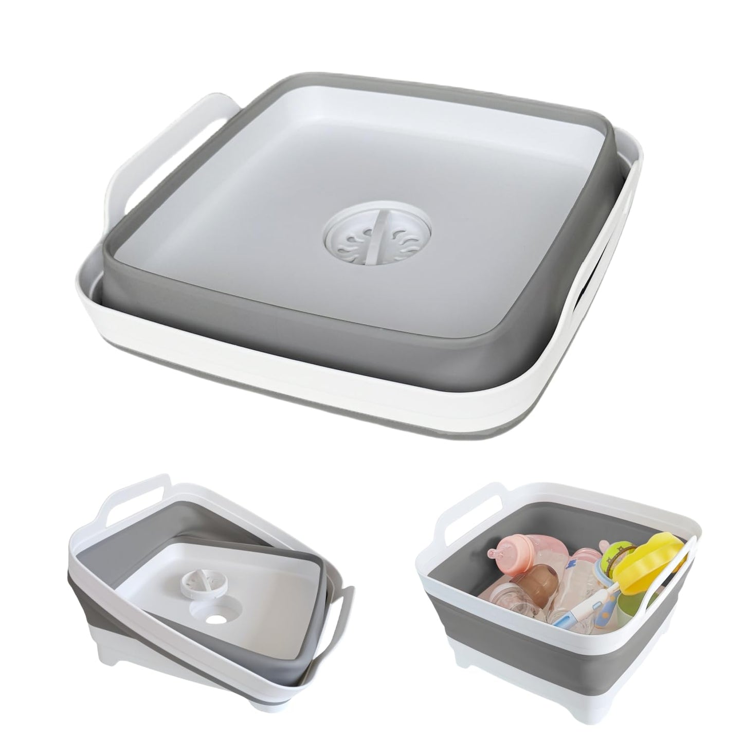 GIMWA Collapsible Wash Basin for Baby Bottles - 2.4 Gallons Portable Wash Bin for RV Camping Sink, Space-Saving Dish Tub (Gray)