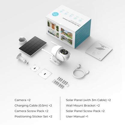 SEHMUA 2K Solar Security Cameras Wireless Outdoor, Low-Light Color Night Vision, 360° Live View, 2-Way Talk, PIR Motion Sensor, 2.4GHz Wi-Fi, White, 2 Pack