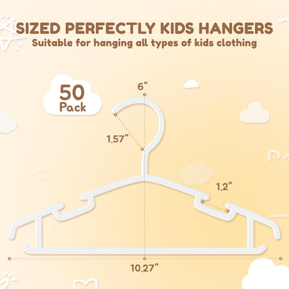 VILICK Kids Plastic Hangers, Baby Clothes Hangers for Closet 50 Packs Non-Slip Toddler Hangers for Infant Child Clothing, Small Children, for Pants Coats Skirts (White)