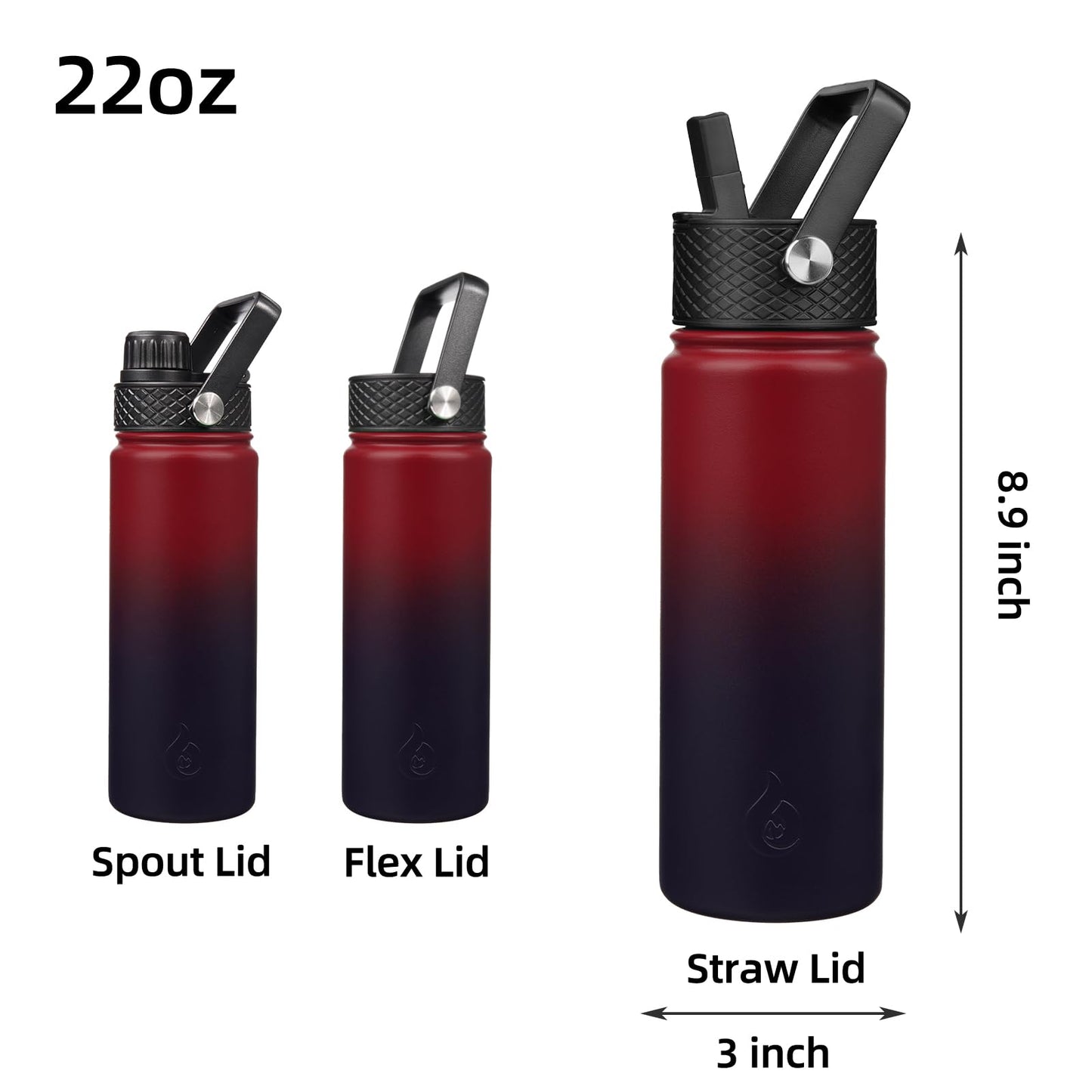 BJPKPK Insulated Water Bottles with Straw Lid, 22oz Cold & Hot Thermos, Stainless Steel Metal Water Bottle with 3 Lids, Reusable Thermos, Cups, Mugs-Charming Red