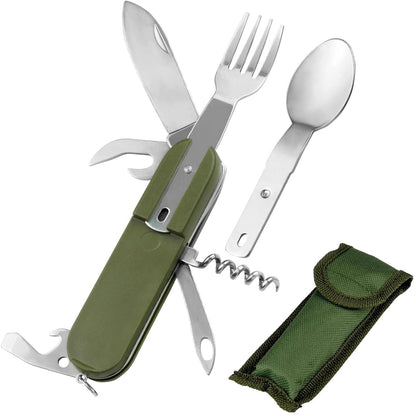 EZYoutdoor 7-in-1 Camping Utensils - Portable Stainless Steel Camping Fork Spoon Knife Set for Hiking, Picnics Outdoor Enthusiasts, and Travel - Essential Survival Utensil Tool Kit