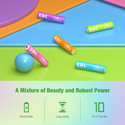 EBL Rechargeable AAA Batteries 10 Pack High Capacity 1100mAh (10 Pack- 2 * 5 Color in One Box) 1.2V Ni-Mh Triple AAA Battery ProCyco Technology