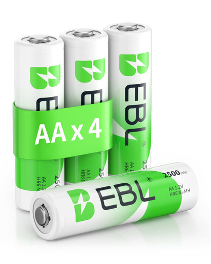 EBL AA Rechargeable Batteries 1.2V 2500mAh High Performance Pre-Charged AA Batteries - 4 Pack