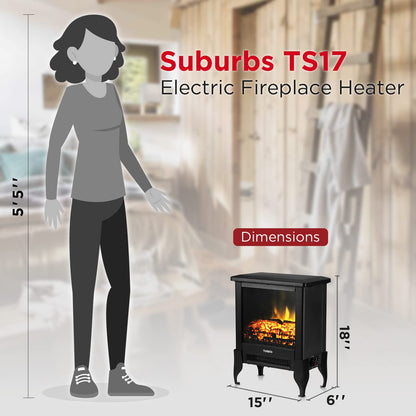 TURBRO Suburbs TS17 Compact Electric Fireplace Stove, 18” Freestanding Stove Heater with Realistic Flame - CSA Certified - Overheating Safety Protection - for Small Spaces - 1400W