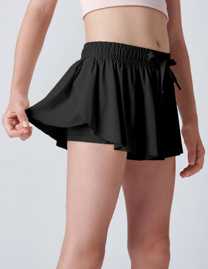 3 Pack Girls Flowy Shorts with Spandex Liner 2-in-1 Youth Butterfly Skirts for Fitness, Running, Sports (Set 8, Youth Medium) Blacks