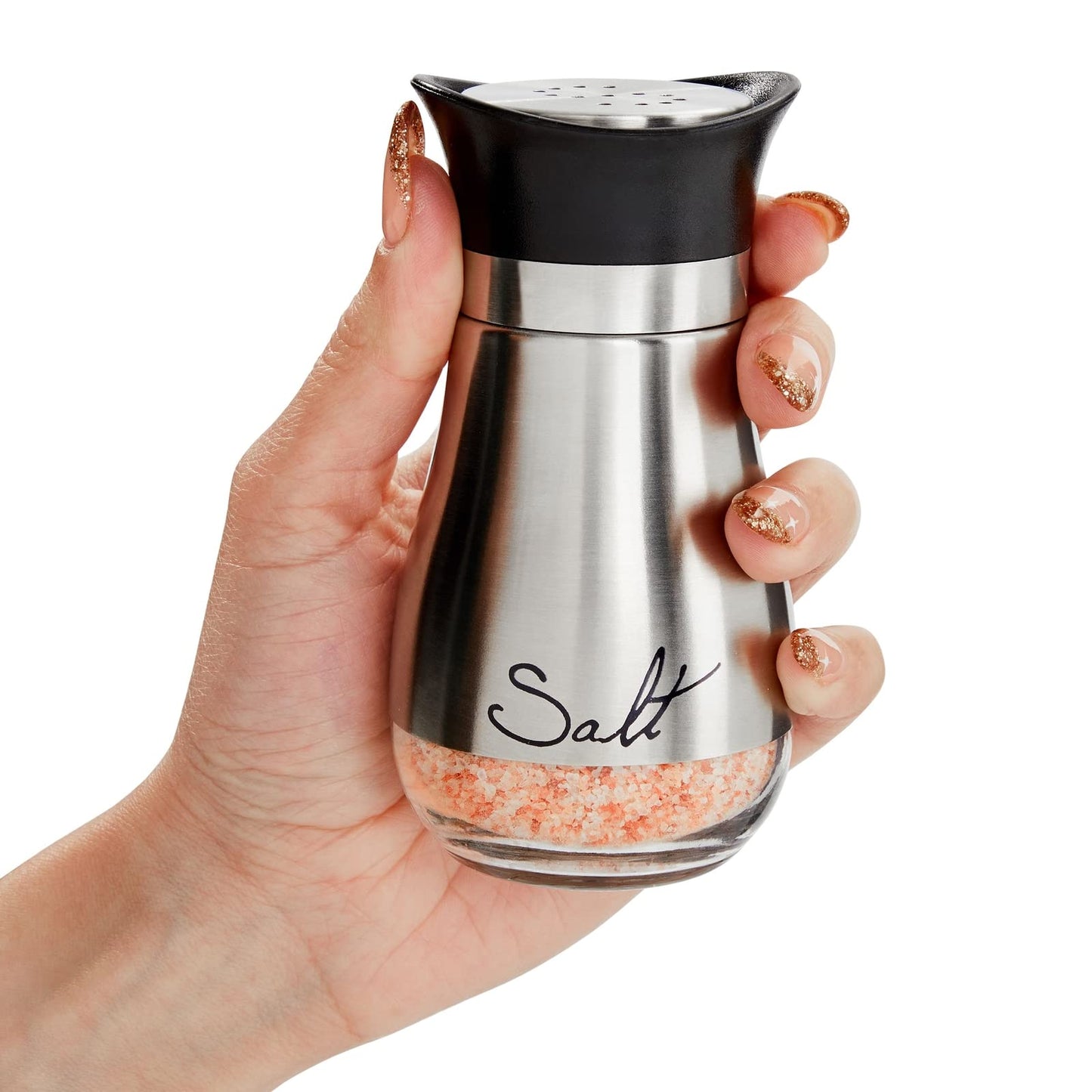 Stainless Steel Salt and Pepper Shaker Set with Glass Bottom, Perforated "S" and "P" Caps - Modern Kitchen Counter Decor (4oz)