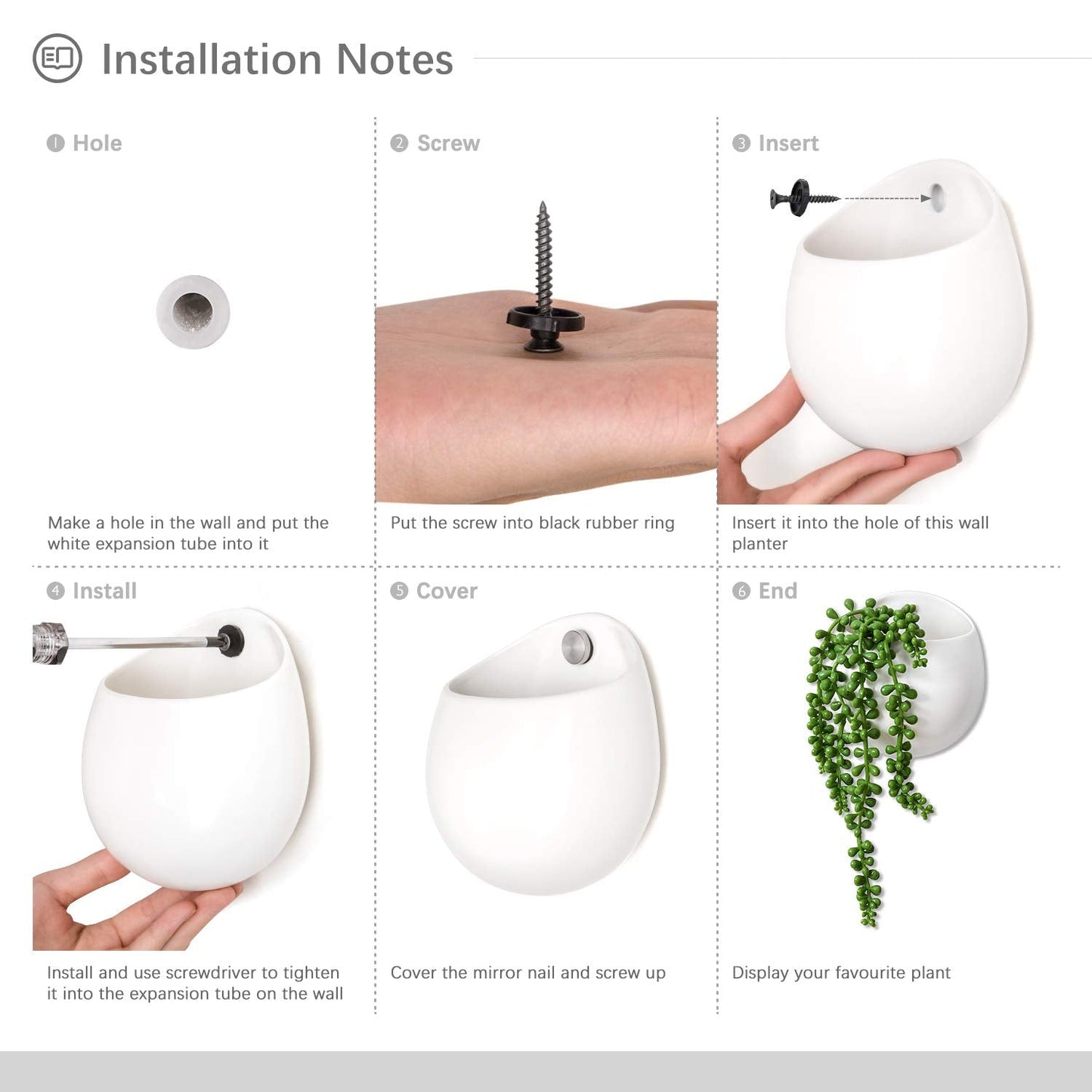 Dahey Wall Planters with Fake String of Pearls Plant Artificial Succulent Small Modern Ceramic Mounted Planter Round Hanging Wall Vase Display Holder for Indoor Garden Office Decor, Set of 2