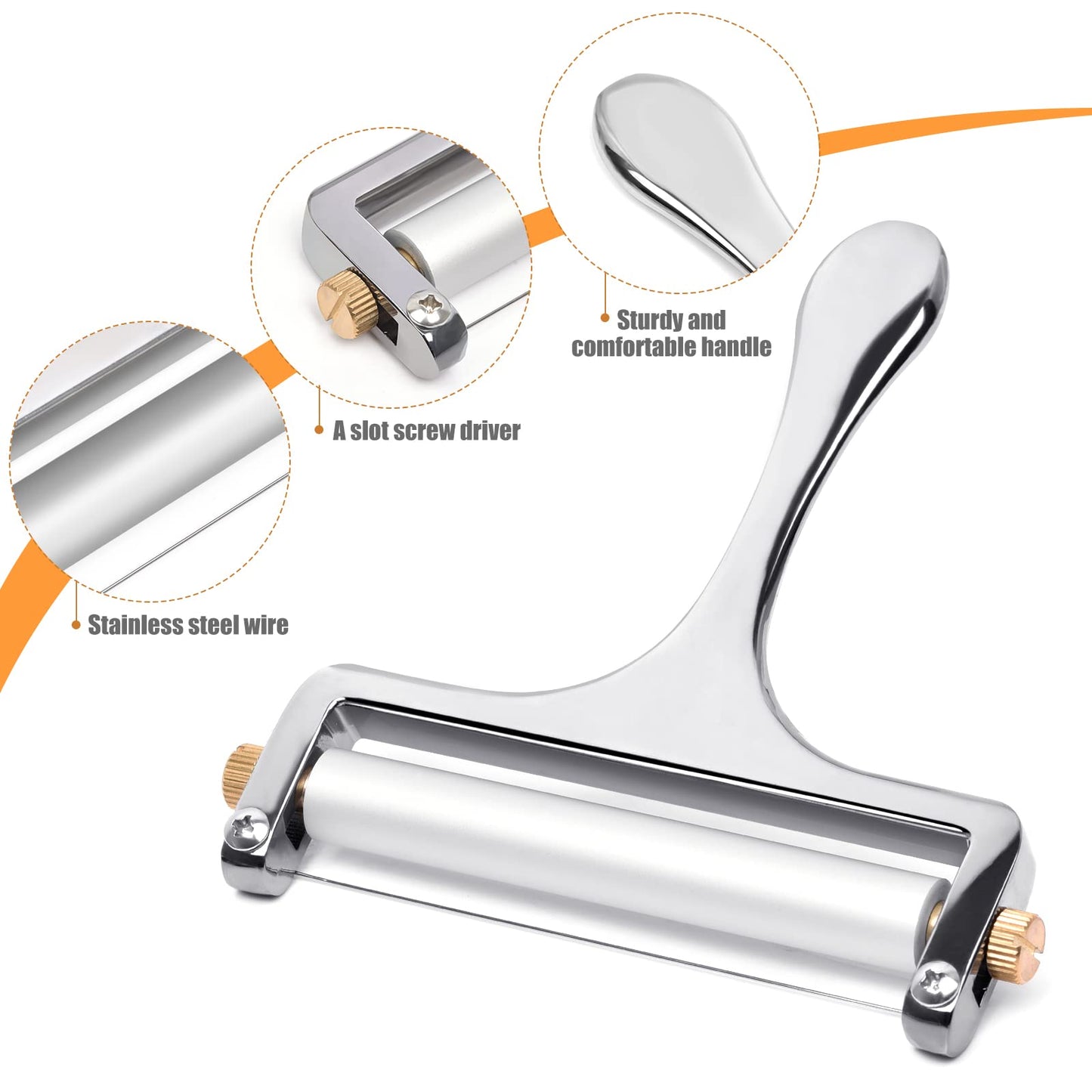 Sopito Stainless Steel Wire Cheese Slicer With 3 Extra Wires Adjustable Thickness, Handheld Cheese Block Cutter for Cheddar, Gruyere, Raclette, Mozzarella