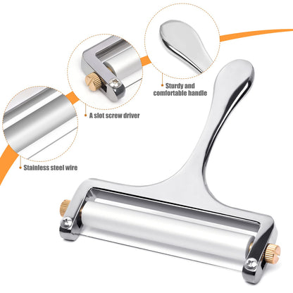 Sopito Stainless Steel Wire Cheese Slicer With 3 Extra Wires Adjustable Thickness, Handheld Cheese Block Cutter for Cheddar, Gruyere, Raclette, Mozzarella