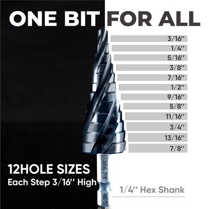 toolant Four Spiral Flute Cobalt Step Drill Bit(Pro), 3/16" - 7/8"(12 Step Size) Impact Ready Unibit Step Drill Bit, 1/4" Hex Shank Step Bit for Metal, Stainless Steel, Aluminum, Plastic