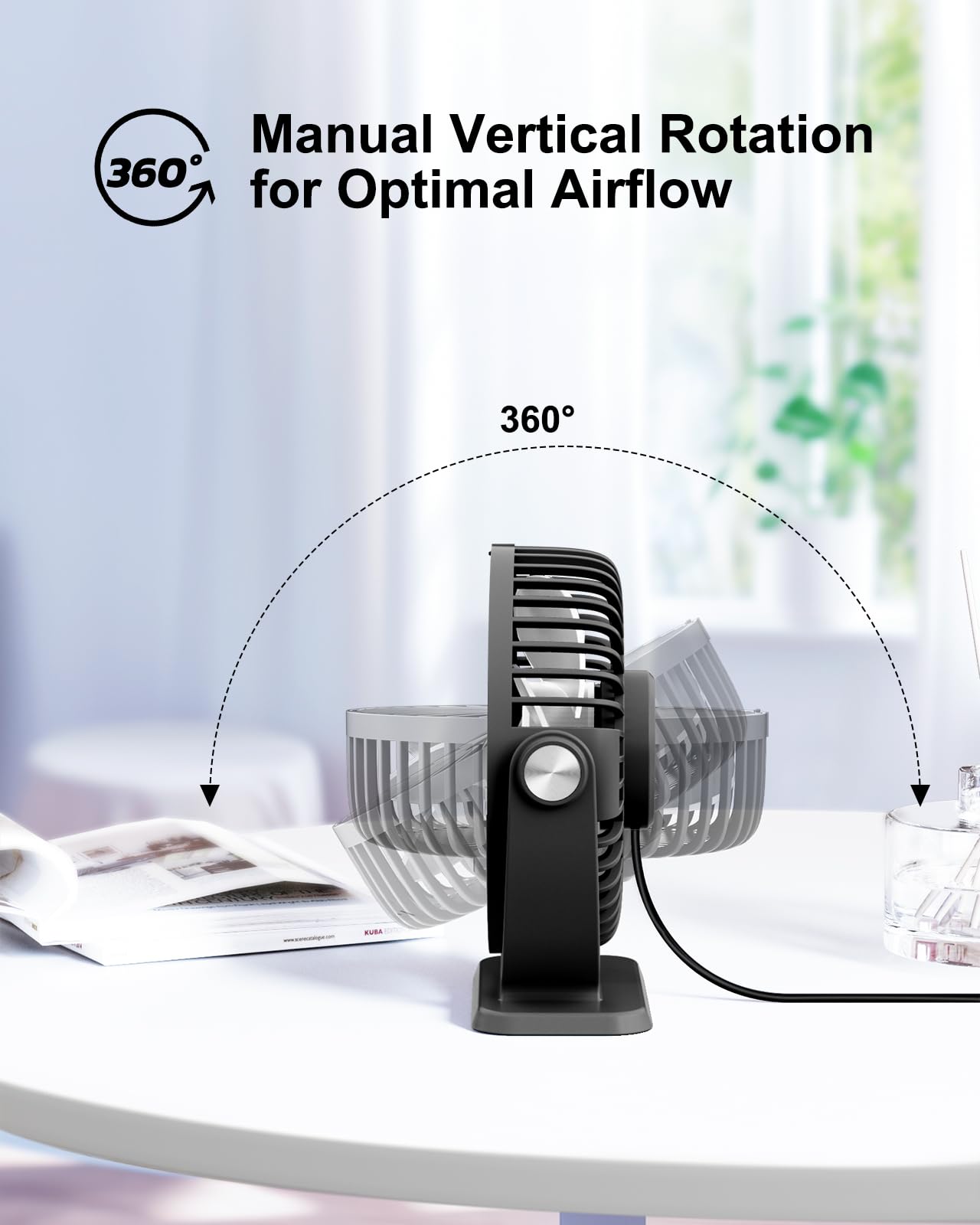 TriPole Small Desk Fan USB Powered Portable Fan 3 Speeds Strong Airflow Mini Fan 360°Rotation Personal Table Fans for Home Office Bedroom Desktop, 5.1 Inch Black, 4.9ft Cable