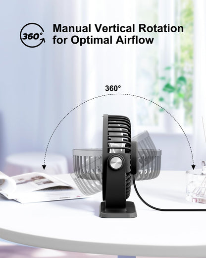 TriPole Small Desk Fan USB Powered Portable Fan 3 Speeds Strong Airflow Mini Fan 360°Rotation Personal Table Fans for Home Office Bedroom Desktop, 5.1 Inch Black, 4.9ft Cable