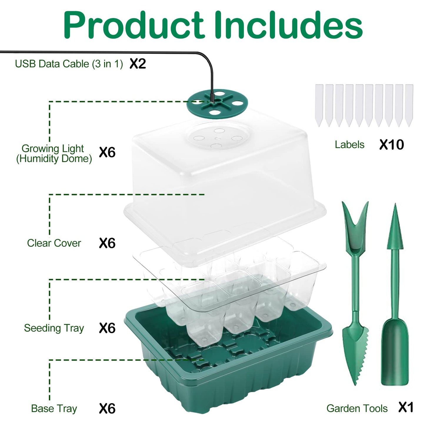 Yskea Seed Starter Tray with Light, 6PCS Seed Starter Kit with Grow Light, Seedling Starter Trays with Humidity Domes, Covers Height 3.9", Indoor Gardening Plant Germination Trays (12 Cells per Tray)
