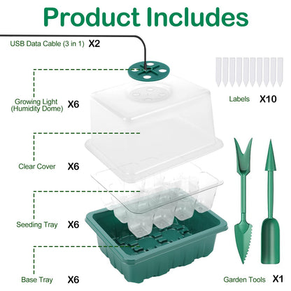 Yskea Seed Starter Tray with Light, 6PCS Seed Starter Kit with Grow Light, Seedling Starter Trays with Humidity Domes, Covers Height 3.9", Indoor Gardening Plant Germination Trays (12 Cells per Tray)