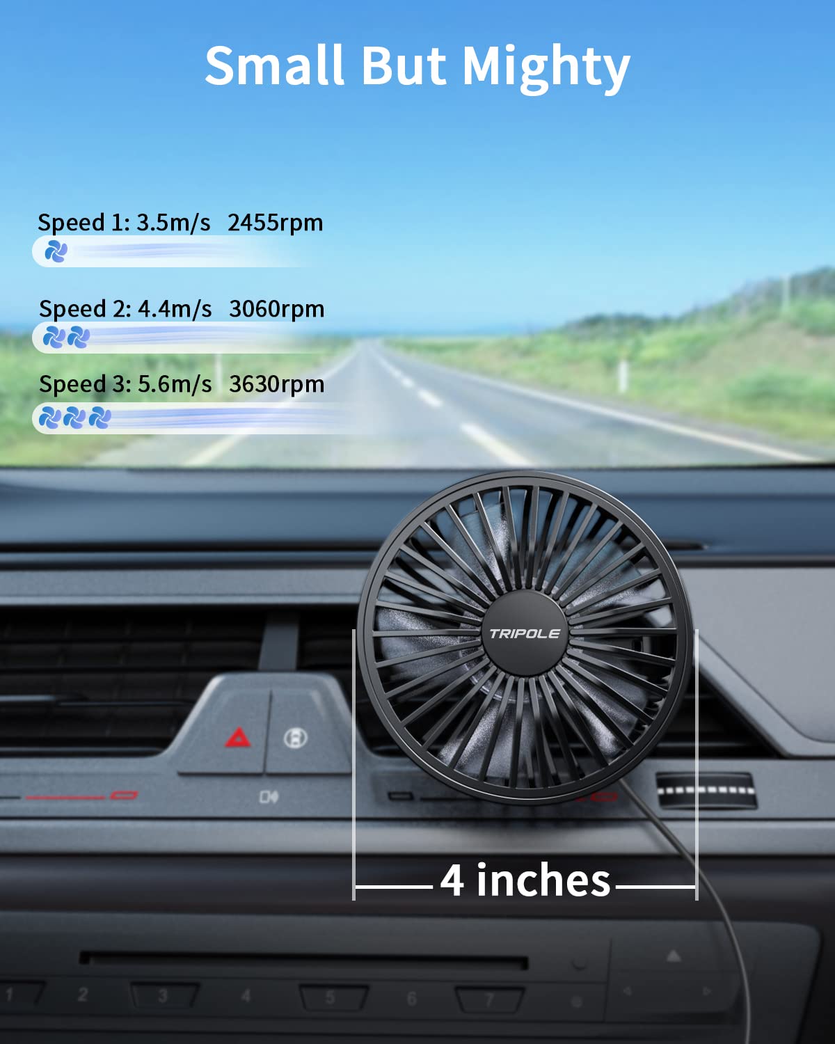 TriPole Car Fan USB Powered - Powerful 3 Speed, Portable Cooling Clip Fan for Car Vent, Quiet Brushless Motor, 360 Degree Rotatable, Air Circulation for Vehicle, Van, Truck, SUV, RV