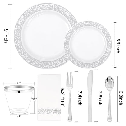 Festiva 350PCS Silver Plastic Dinnerware Set - Disposable Lace Silver Plates and Napkins Party Supplies - include plates,napkins,cups,silverware - Serve for 50 Guests Party&Wedding