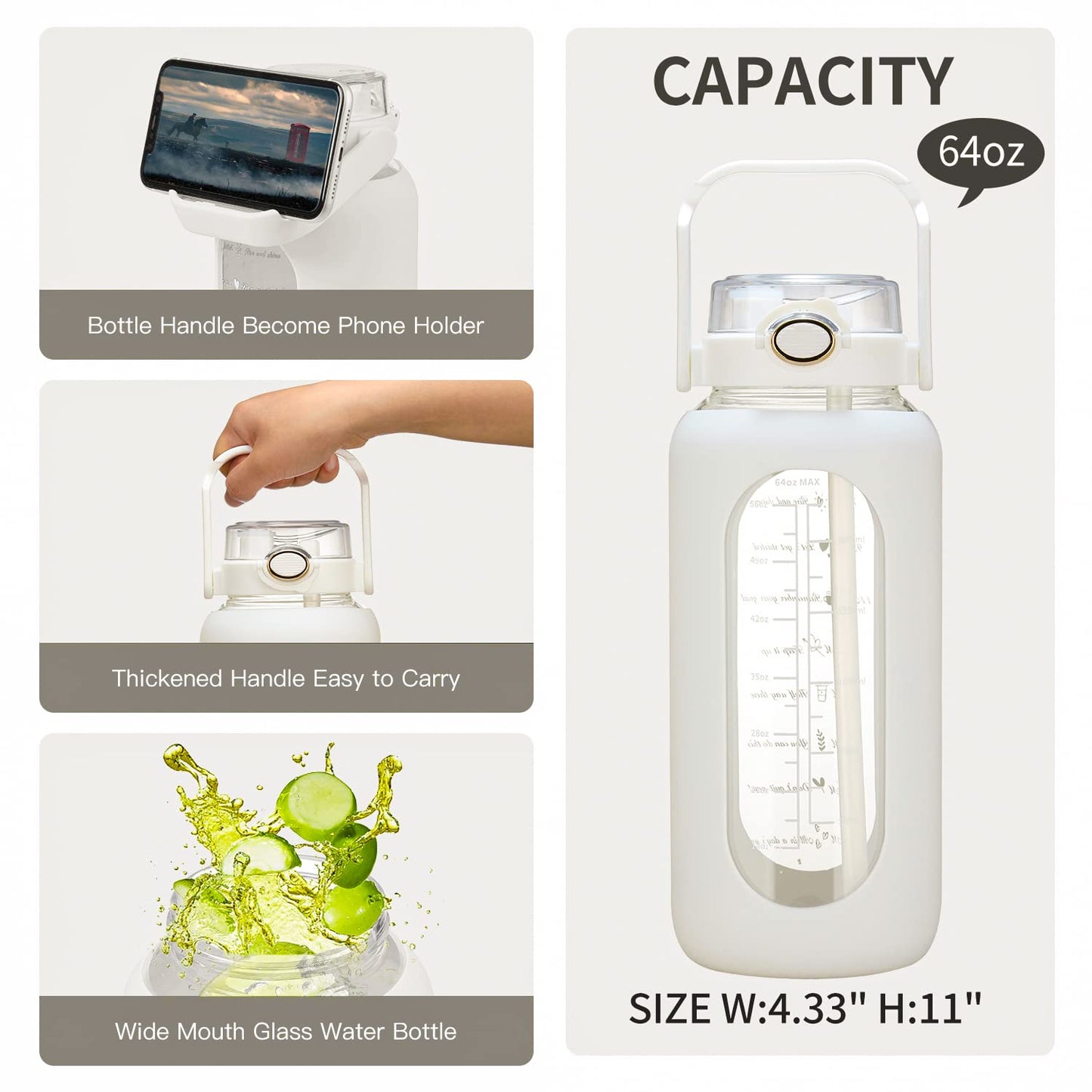 chunmo 64oz Glass Water Bolttles with Straw Half Gallon Large Motivational Water Bottle with Time Marker Sports Water Bottles with Silicone Sleeve and Handle Lid Water Jug for Gym Workout