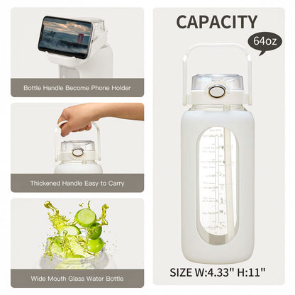 chunmo 64oz Glass Water Bolttles with Straw Half Gallon Large Motivational Water Bottle with Time Marker Sports Water Bottles with Silicone Sleeve and Handle Lid Water Jug for Gym Workout