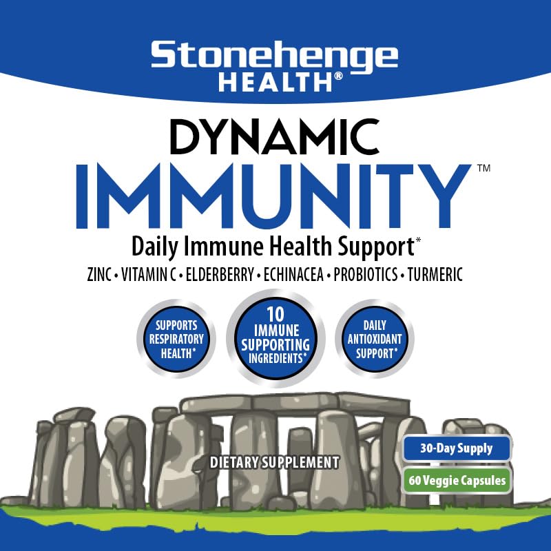 Stonehenge Health Dynamic Immunity Daily Supplement 10-in-1 Immune Boosters Zinc, Elderberry, Echinacea, Vitamin C & Probiotic L. Acidophilus – Supports Immune System & Respiratory Health, 60 Capsules