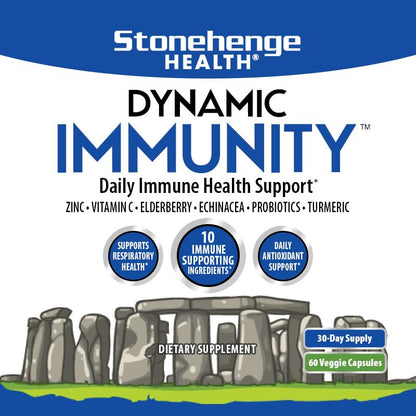 Stonehenge Health Dynamic Immunity Daily Supplement 10-in-1 Immune Boosters Zinc, Elderberry, Echinacea, Vitamin C & Probiotic L. Acidophilus – Supports Immune System & Respiratory Health, 60 Capsules