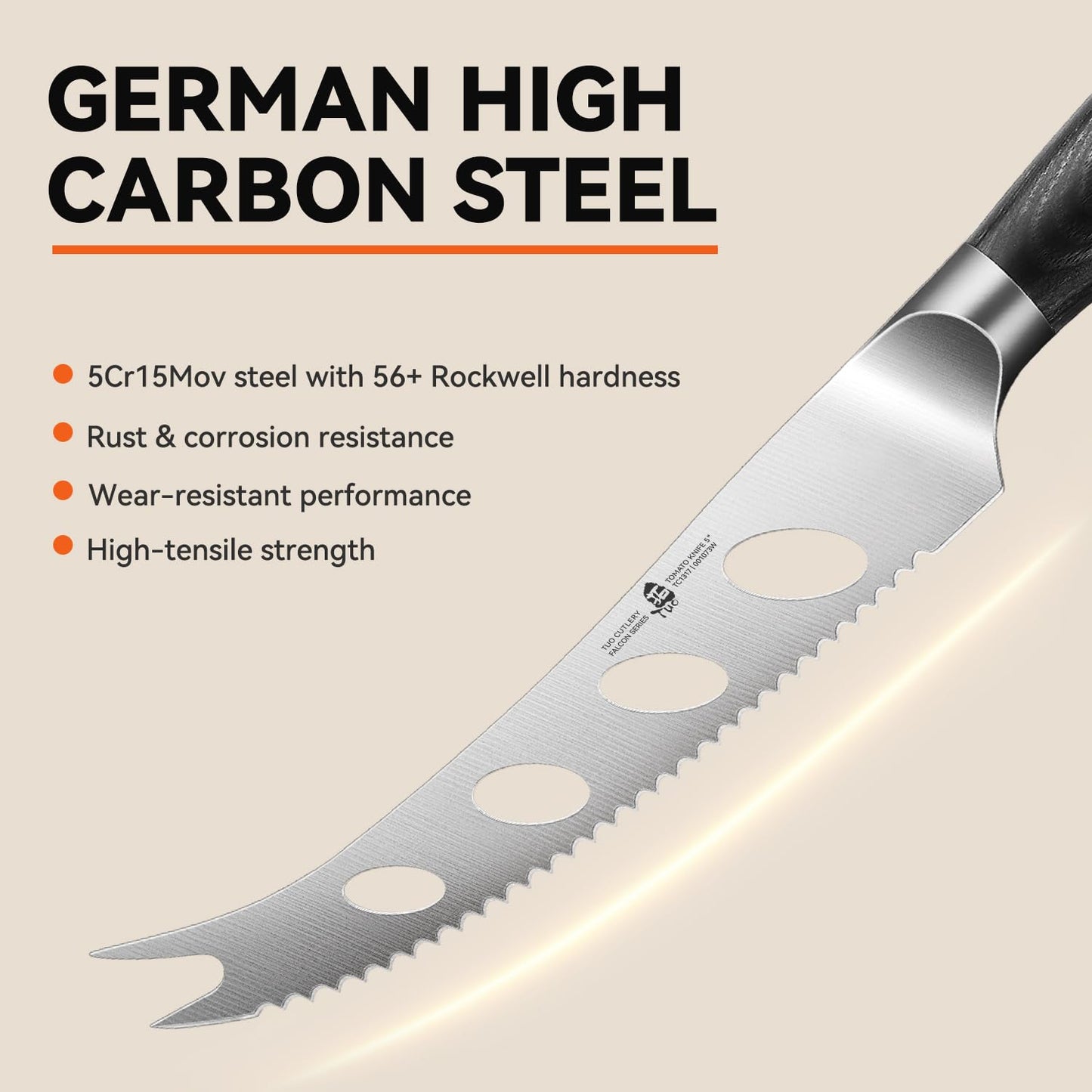 TUO Cheese Knife, 5" Cheese Knives Slicer for Block Cheese, Serrated Tomato Knife, Forked Tips & Non-Stick Blade, High Carbon German Steel, Ergonomic Pakkawood Handle with Gift Box, Falcon Series