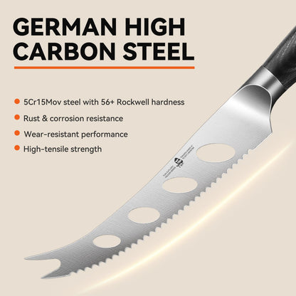 TUO Cheese Knife, 5" Cheese Knives Slicer for Block Cheese, Serrated Tomato Knife, Forked Tips & Non-Stick Blade, High Carbon German Steel, Ergonomic Pakkawood Handle with Gift Box, Falcon Series
