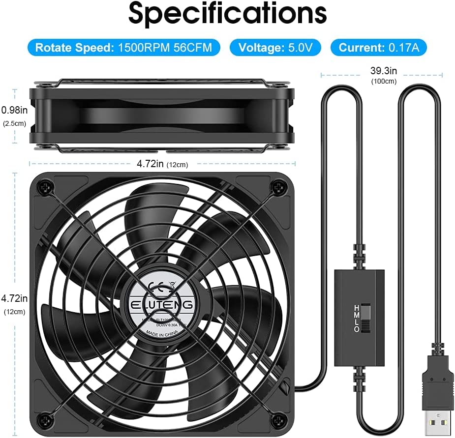 ELUTENG 120mm Fan With 3 Speed 5V USB Powered Case Fan 1500PRM Gaming PC Portable Cooling Suitable for Tablet TV Receiver Router DVR Play Station Xbox Computer and More