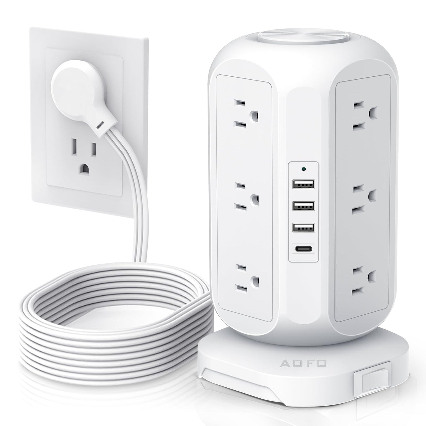 Tower Power Strip Flat Plug with 12 Outlets 4 USB(1 USB C),AOFO Surge Protector Charging Station with Overload Protection, Widely Spaced Multiple Outlets 10Ft Extension Cord for Home, Dorm,Office