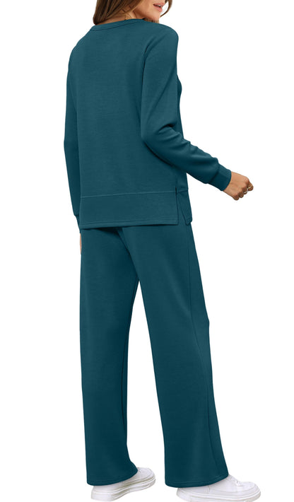 WIHOLL Women's Two Piece Sets Fall Long Sleeve Travel Outfits Trendy Lounge Tracksuit Winter Wide Leg Sweatpants Matching Sweat Set Blue XL