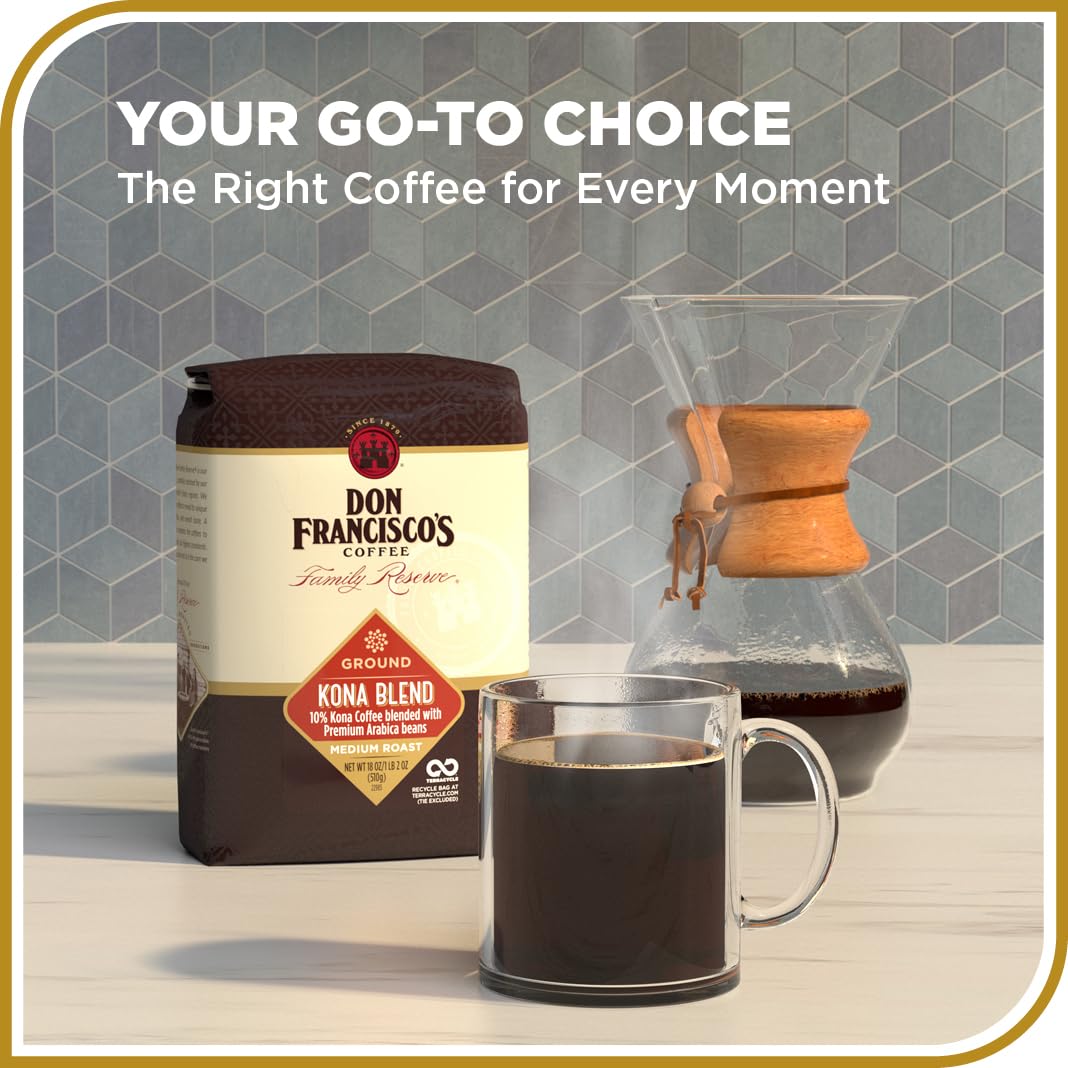 Don Francisco's Kona Blend Whole Bean Coffee, Medium Roast – 100% Arabica,18 oz Bag, Premium Coffee for Drip, Pour Over & French Press