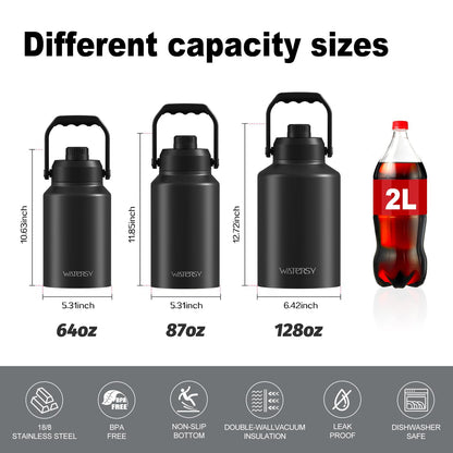 WATERSY 1 Gallon Water Bottle Insulated(Cold for 48 Hrs),BPA Free&Leak Proof,128oz Stainless Steel Water Jug,Big thermo,Large Water Bottle with Handle for Gym,Hiking,Camping&Travel,Black