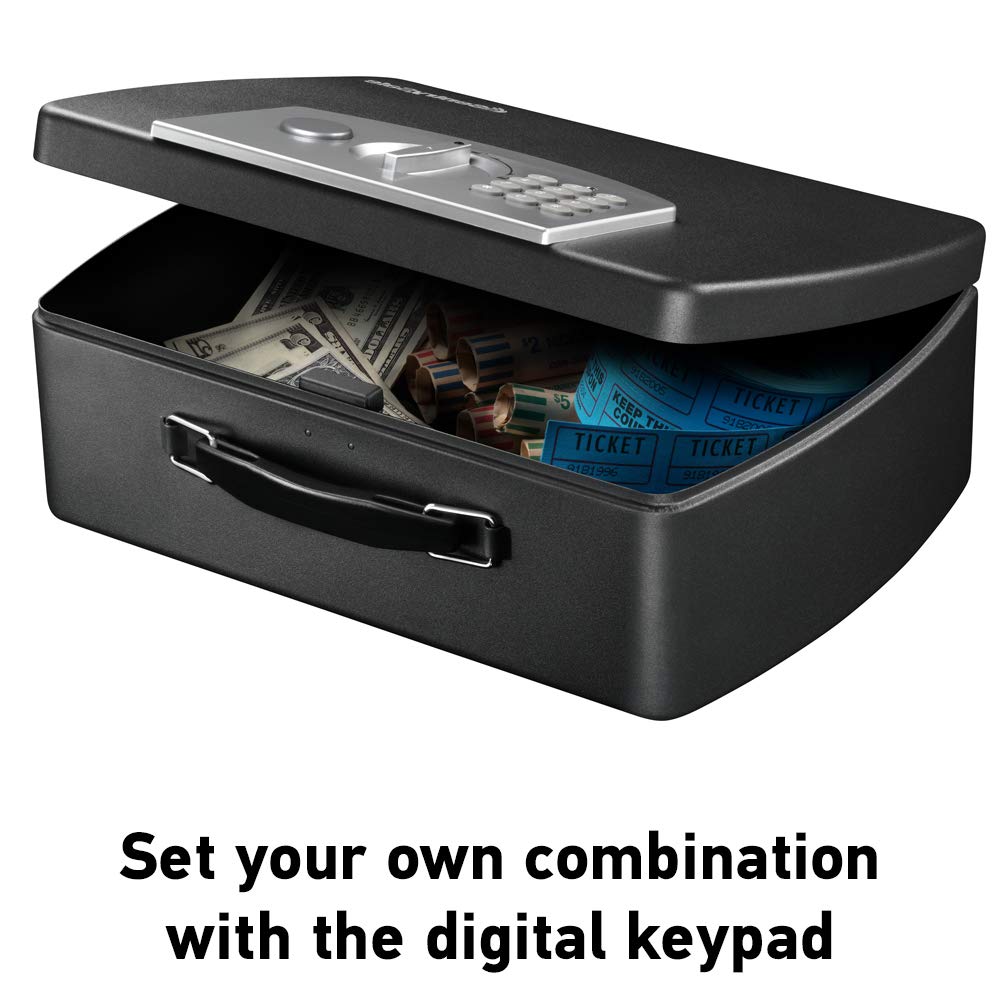 SentrySafe Portable Black Safe Box with Digital Keypad Lock, Small Steel Travel Safe with Carrying Handle for Money, Passport, 0.21 Cubic Feet, 4.4 x 13 x 10 Inches, P021E