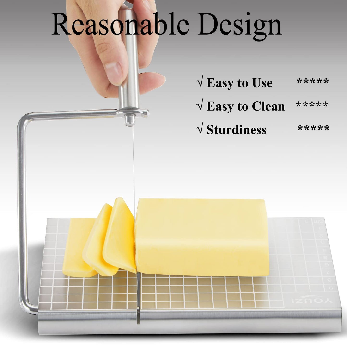 Stainless Steel Cheese Slicer with 10 Replacement Wires, Metal Cheese Cutter and Cutting Board - For Block Cheese