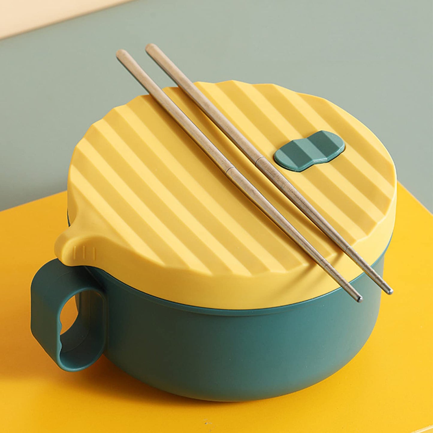 YCXXKJ Microwave Ramen Bowl Ramen Cooker with Handles Noodle Bowls with Lid and Chopsticks Dishwasher Safe for Home Office College Dorm Room(Yellow & Green)
