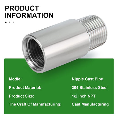 TAISHER 2PCS Stainless Steel Pipe Fittings, 1/2" NPT Male x 1/2" NPT Female Threaded, 2" Length Nipple Cast Pipe