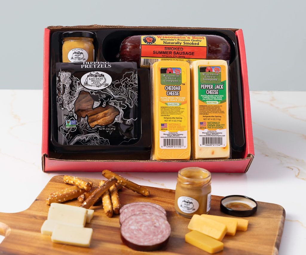 Wisconsin Cheese Company - Fan Favorite Gift Box - 100% Wisconsin Cheddar & Pepper Jack Cheese, Sausage, Pretzel & Mustard | Perfect for Parties, Charcuterie Boards and Birthday Gifts