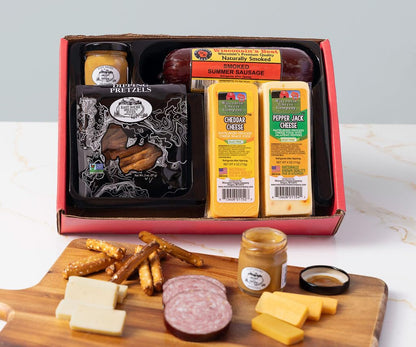 Wisconsin Cheese Company - Fan Favorite Gift Box - 100% Wisconsin Cheddar & Pepper Jack Cheese, Sausage, Pretzel & Mustard | Perfect for Parties, Charcuterie Boards and Birthday Gifts