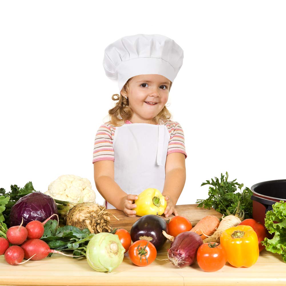 CRJHNS Kids Apron and Chef Hat Set, Adjustable Cotton Child Aprons with Large Pocket White Girls Boys Kitchen Bib Aprons for Cooking Baking Painting