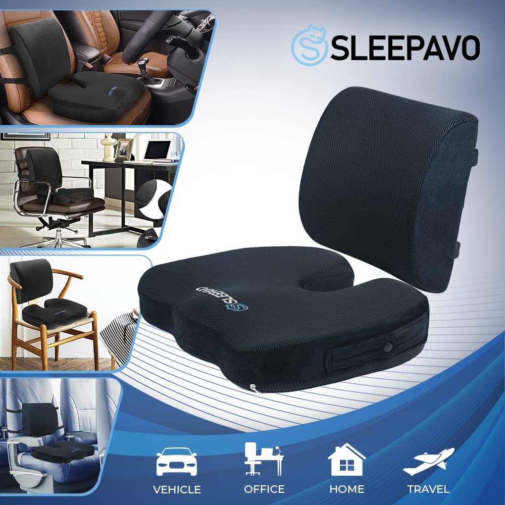 Sleepavo Memory Foam Seat Cushion for Office Chair-Orthopedic Back and Butt Pillow for Sciatica Tailbone Coccyx Hip Pain Relief for Sitting, Gaming, Desk, Car, Airplane-Padded Lumbar Support Pillow