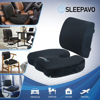 Sleepavo Memory Foam Seat Cushion for Office Chair-Orthopedic Back and Butt Pillow for Sciatica Tailbone Coccyx Hip Pain Relief for Sitting, Gaming, Desk, Car, Airplane-Padded Lumbar Support Pillow