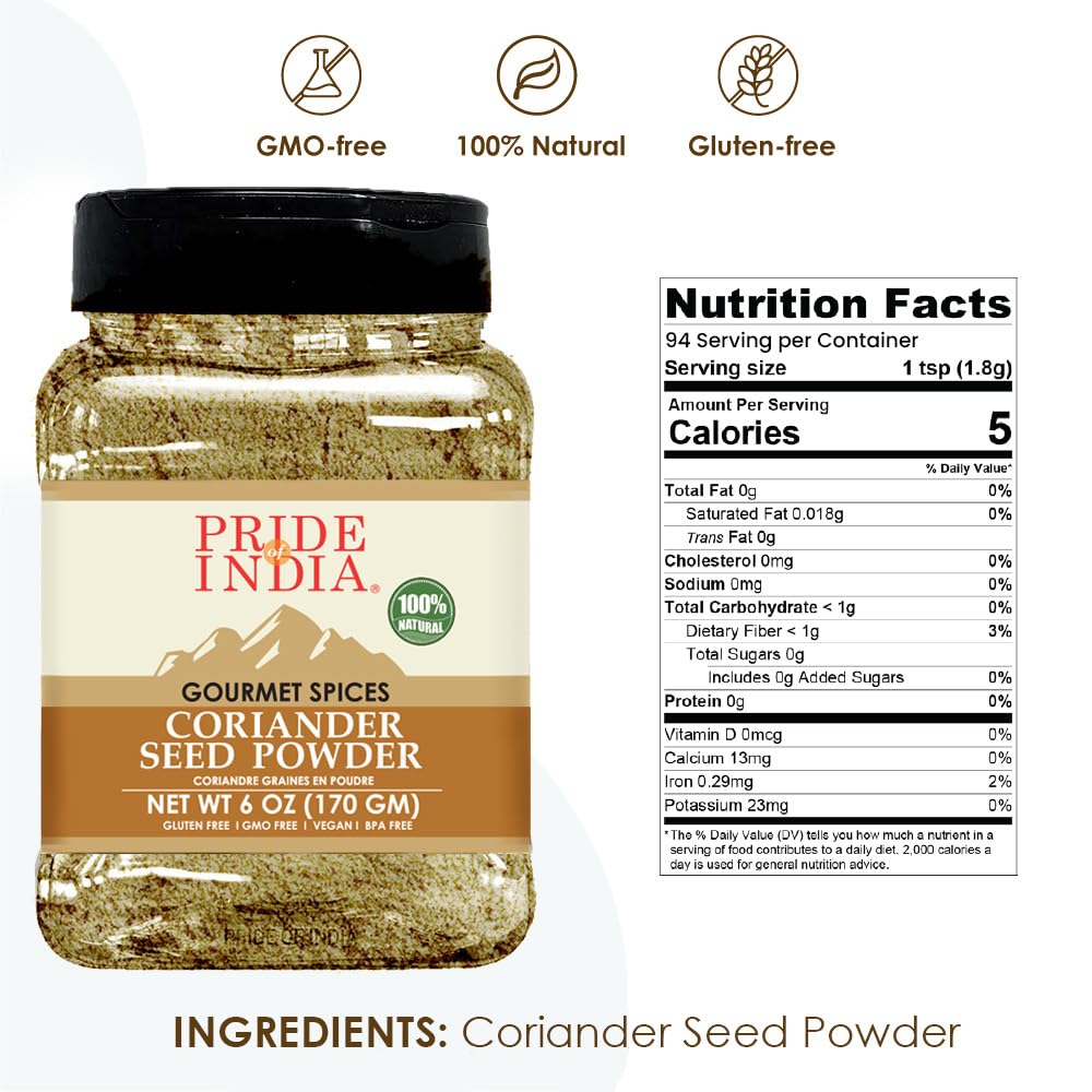 Pride of India - PACK of 6 - Coriander Seed Powder-Authentic Indian Spice-Freshly Packed Gourmet Spice-Must Ingredient in Indian & Middle Eastern Cuisines-Easy to Store-6oz. Medium Dual Sifter Jar