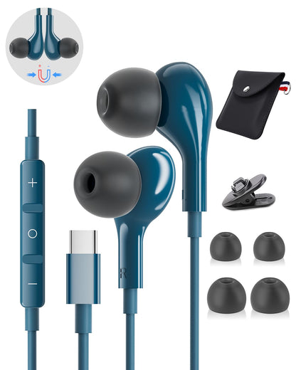 USB C Headphones Wired Earbuds Magnetic in-Ear Headphones C Type for Samsung Galaxy S24 S23 Ultra S25 S22 iPhone 15 16 17 Pro Max iPad Pro with Microphone HiFi Stereo for A56 A54 A35 A54 5g A16
